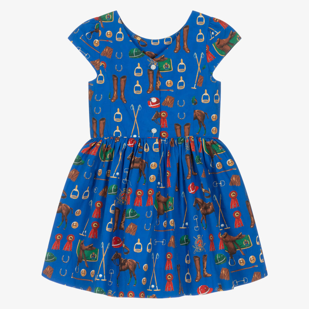 Ralph Lauren-فستان سكاتر بطبعة بولو قطن لون أزرق للبنات | Childrensalon