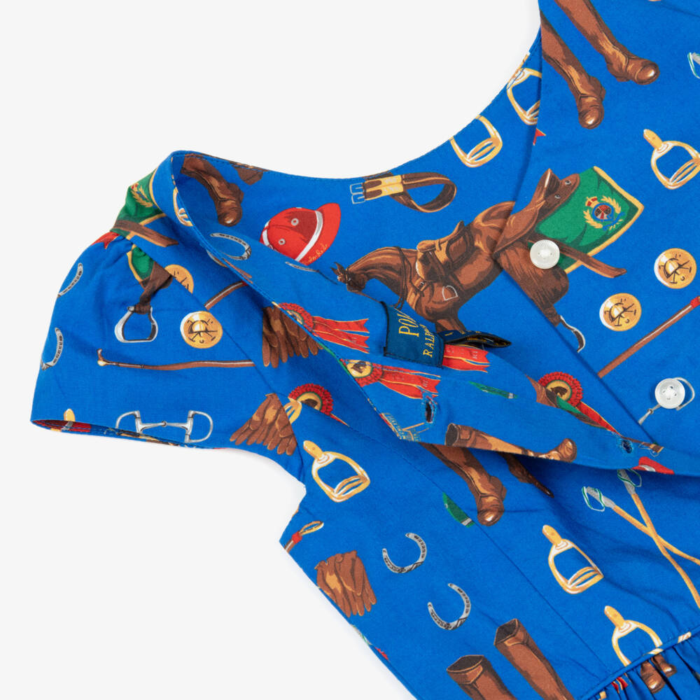 Ralph Lauren-فستان سكاتر بطبعة بولو قطن لون أزرق للبنات | Childrensalon
