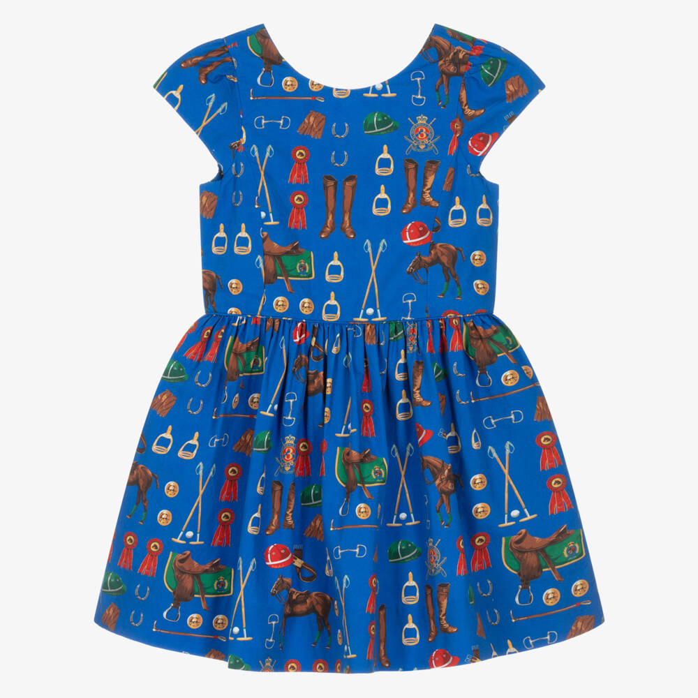 Ralph Lauren-Girls Blue Cotton Polo Print Skater Dress | Childrensalon