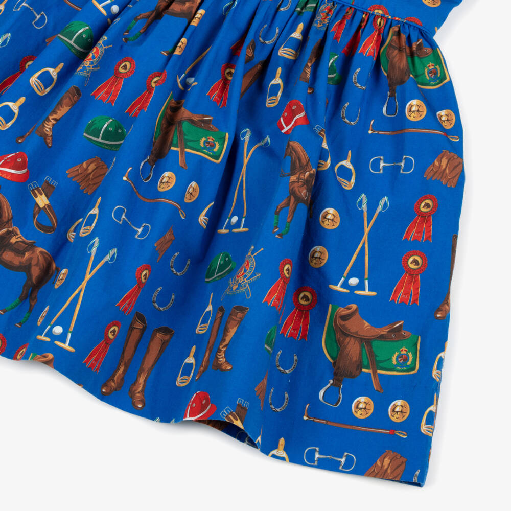 Ralph Lauren-فستان سكاتر بطبعة بولو قطن لون أزرق للبنات | Childrensalon