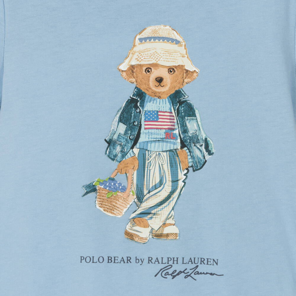 Ralph Lauren-Girls Blue Cotton T-Shirt with Polo Bear Motif | Childrensalon