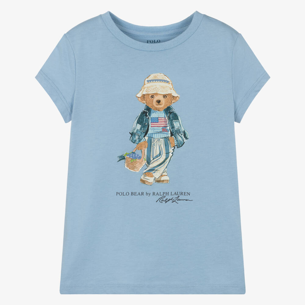 Ralph Lauren-Girls Blue Cotton T-Shirt with Polo Bear Motif | Childrensalon