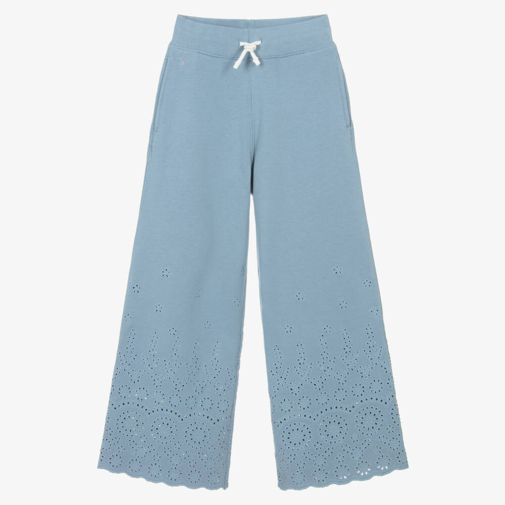 Ralph Lauren-Girls Blue Cotton Wide Leg Embroidered Joggers | Childrensalon