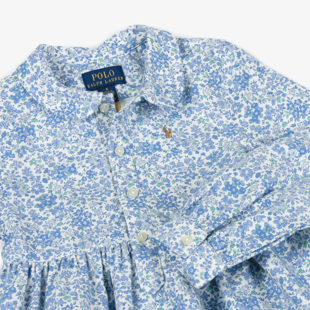 Ralph Lauren-Girls Blue Floral Cotton Shirt Dress | Childrensalon