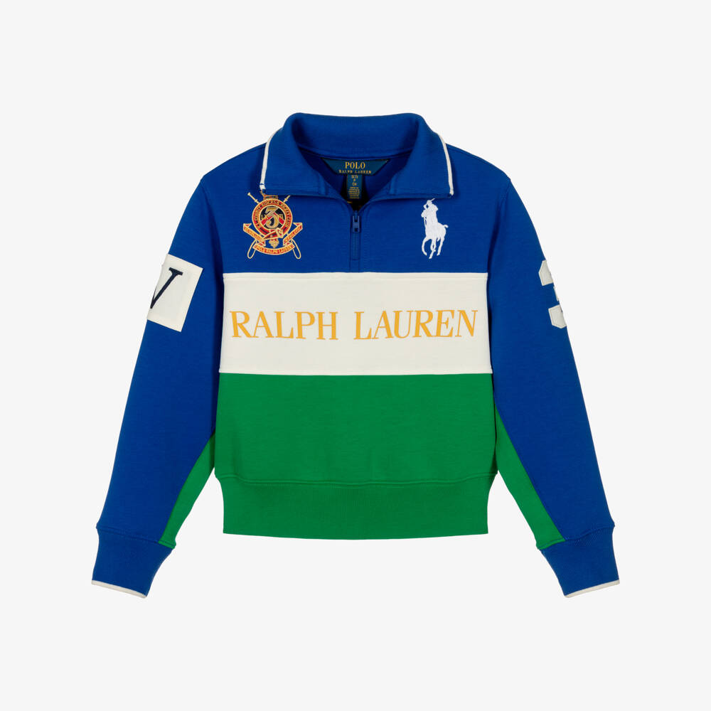 Ralph Lauren-سويتشيرت بنات بشعار المهر لون أخضر وأزرق | Childrensalon