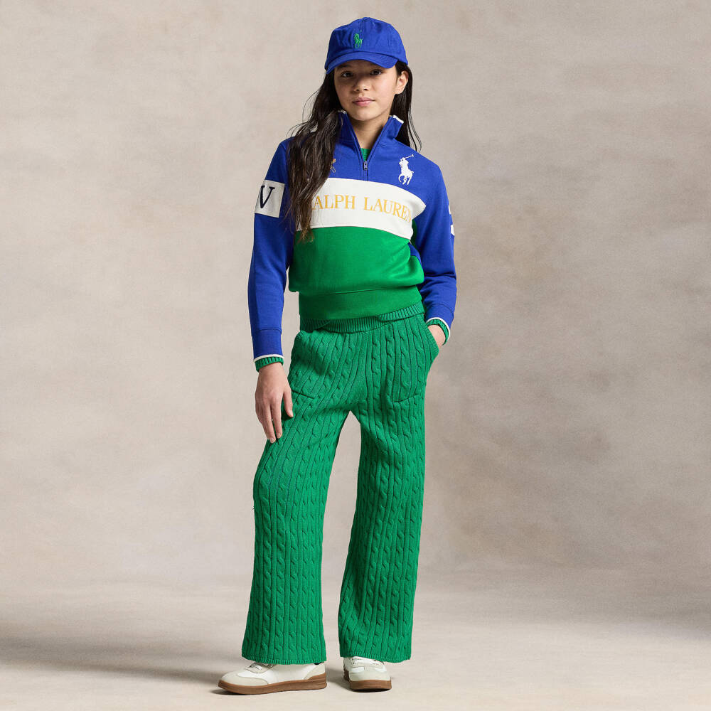 Ralph Lauren-سويتشيرت بنات بشعار المهر لون أخضر وأزرق | Childrensalon
