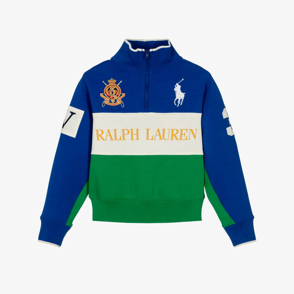 Ralph Lauren-سويتشيرت بنات بشعار المهر لون أخضر وأزرق | Childrensalon