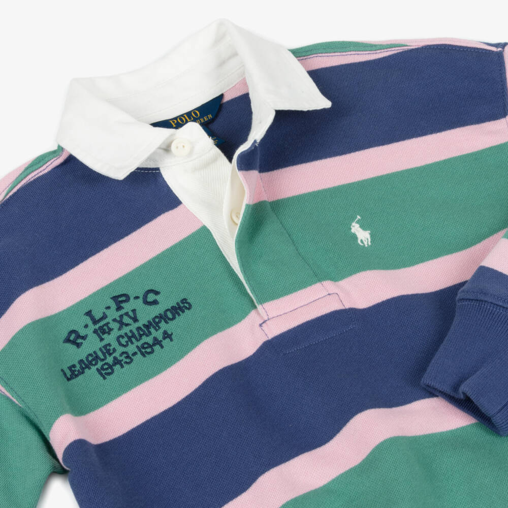 Ralph Lauren-Girls Blue & Green Stripe Cotton Rugby Sweatshirt | Childrensalon