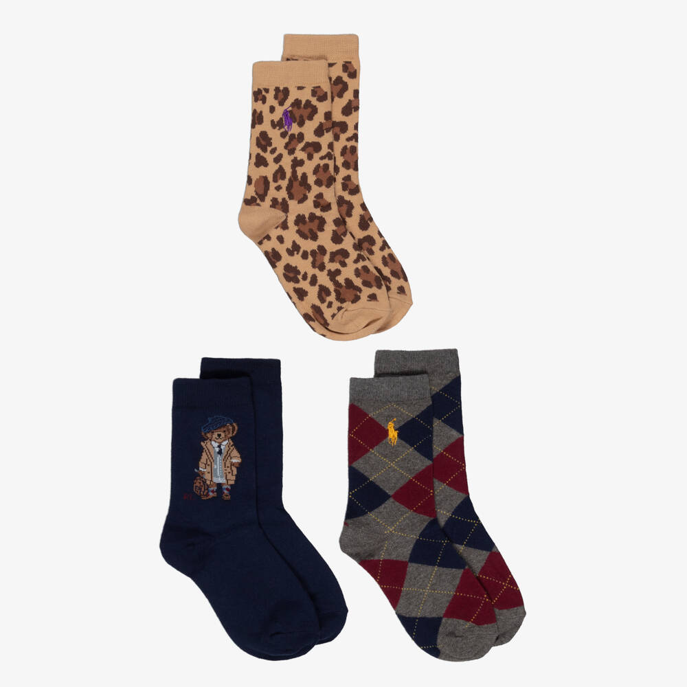 Ralph Lauren-Girls Blue, Grey & Beige Cotton Knit Socks (3 Pack) | Childrensalon