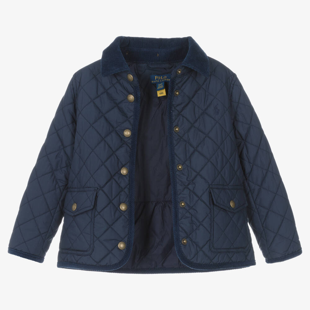 Ralph Lauren-Girls Blue Hooded Quilted Jacket | Childrensalon