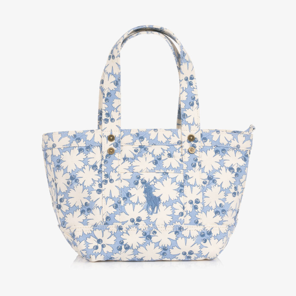 Ralph Lauren-Girls Blue & Ivory Floral Canvas Handbag (29cm) | Childrensalon