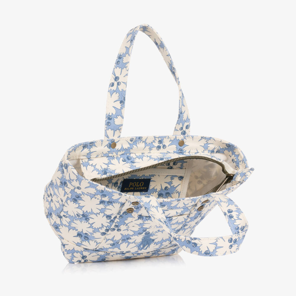 Ralph Lauren-Girls Blue & Ivory Floral Canvas Handbag (29cm) | Childrensalon