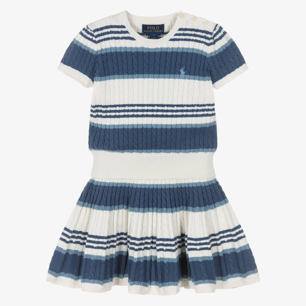 Ralph Lauren-Girls Blue & Ivory Striped Cotton Cable Knit Skirt Set | Childrensalon