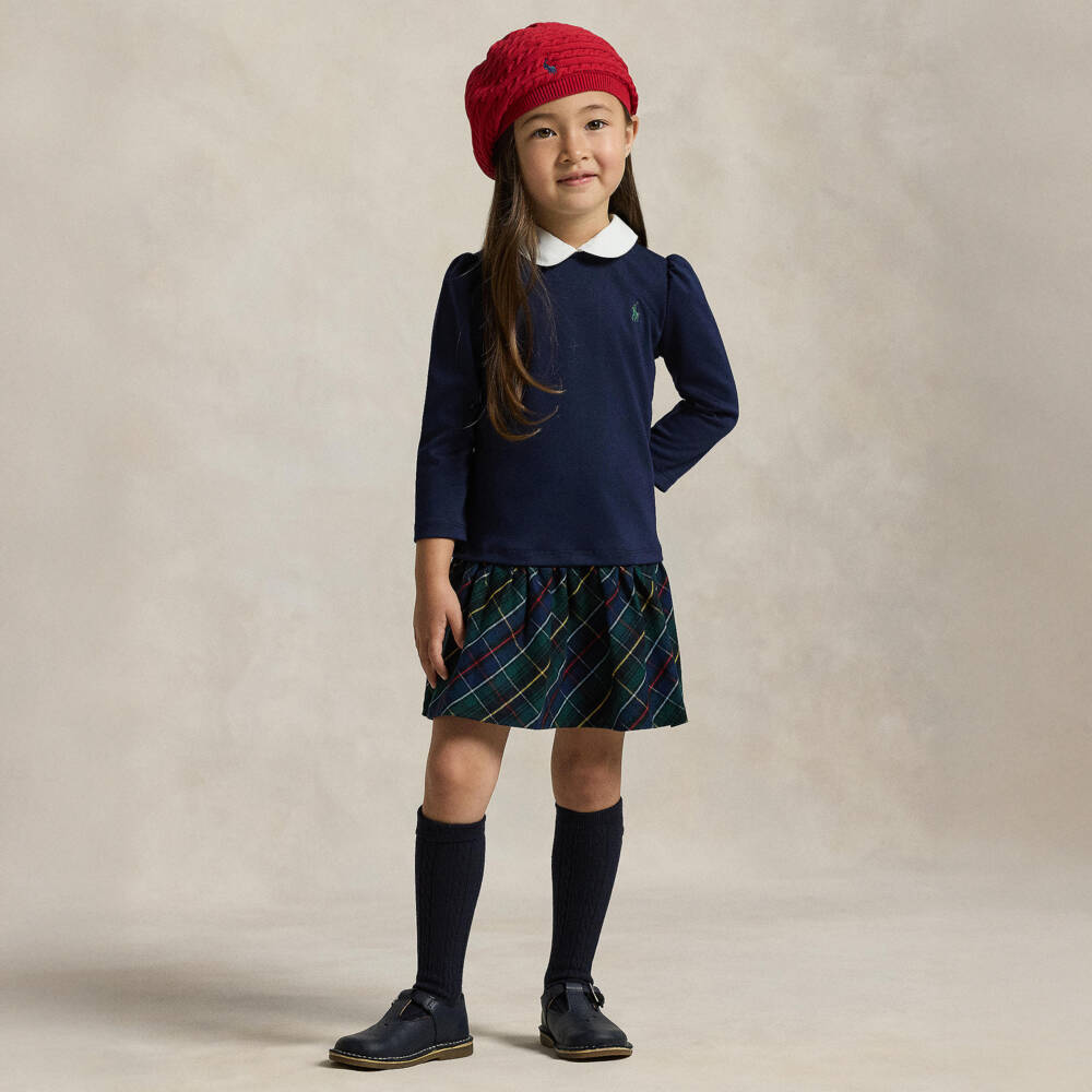 Ralph Lauren-Girls Blue Milano Jersey Dress with Tartan Flannel Skirt | Childrensalon