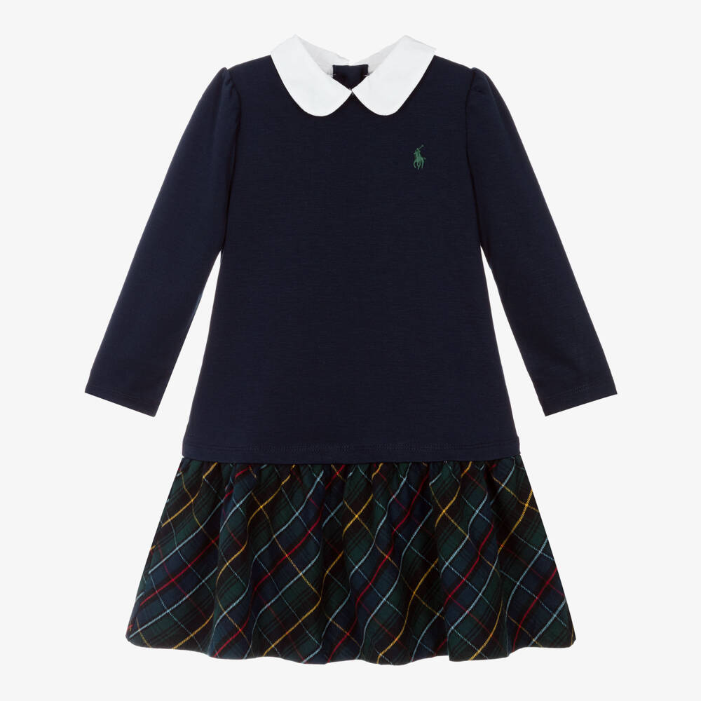 Ralph Lauren-Girls Blue Milano Jersey Dress with Tartan Flannel Skirt | Childrensalon