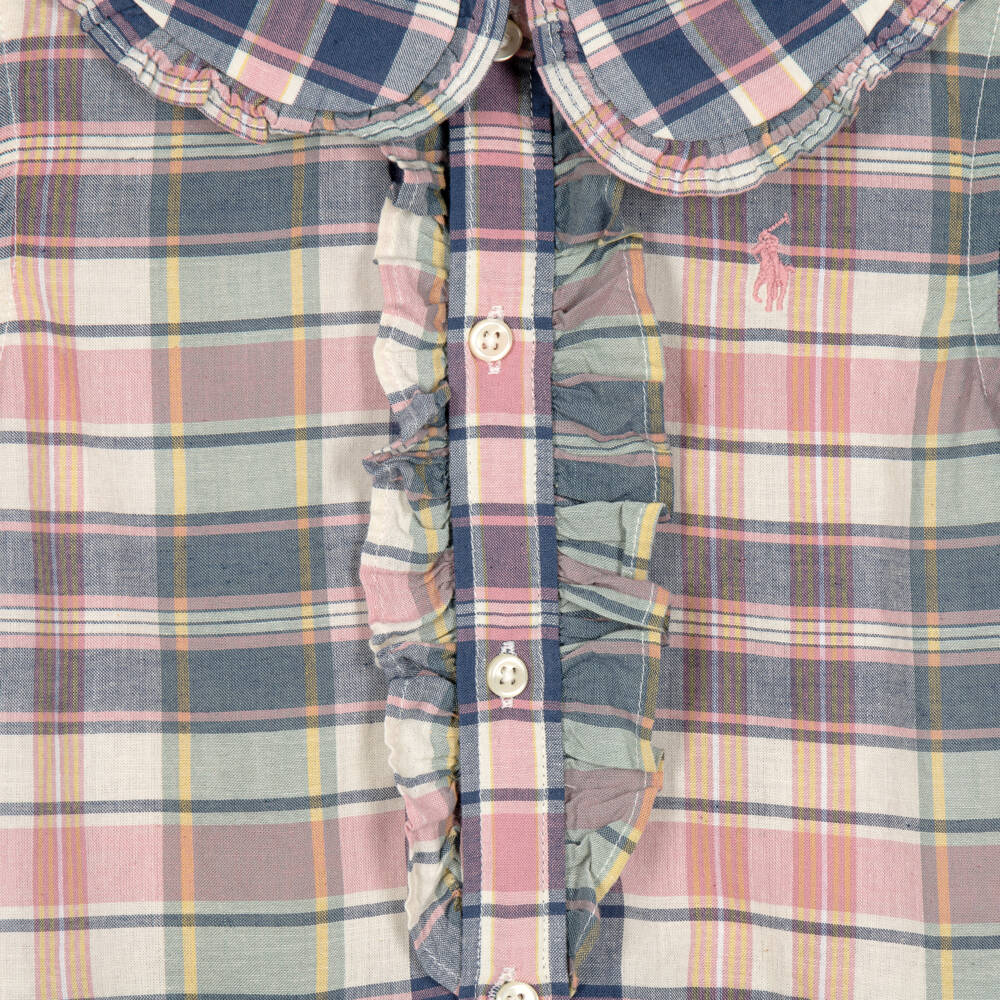 Ralph Lauren-Girls Blue & Pink Check Cotton Dress | Childrensalon