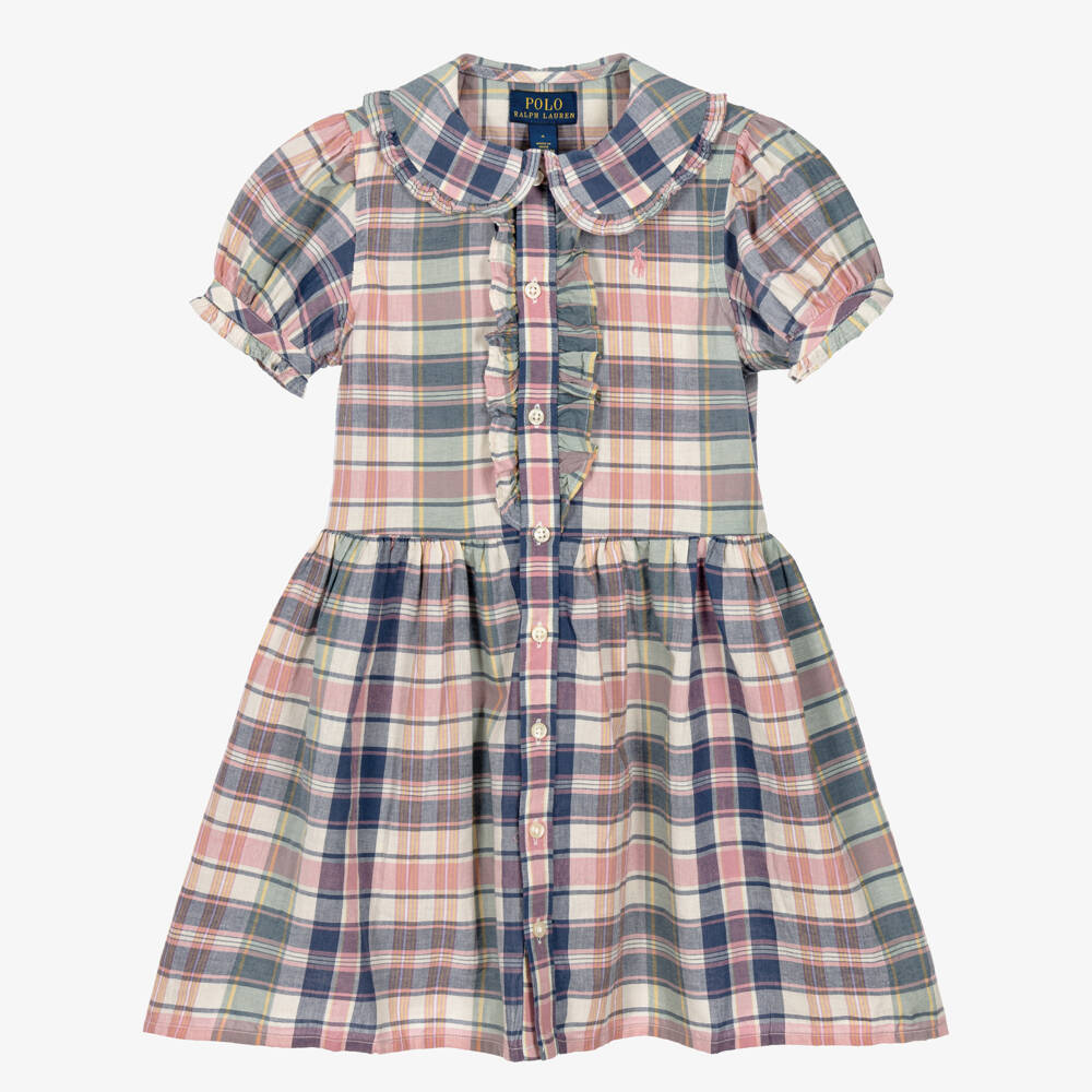 Ralph Lauren-Girls Blue & Pink Check Cotton Dress | Childrensalon