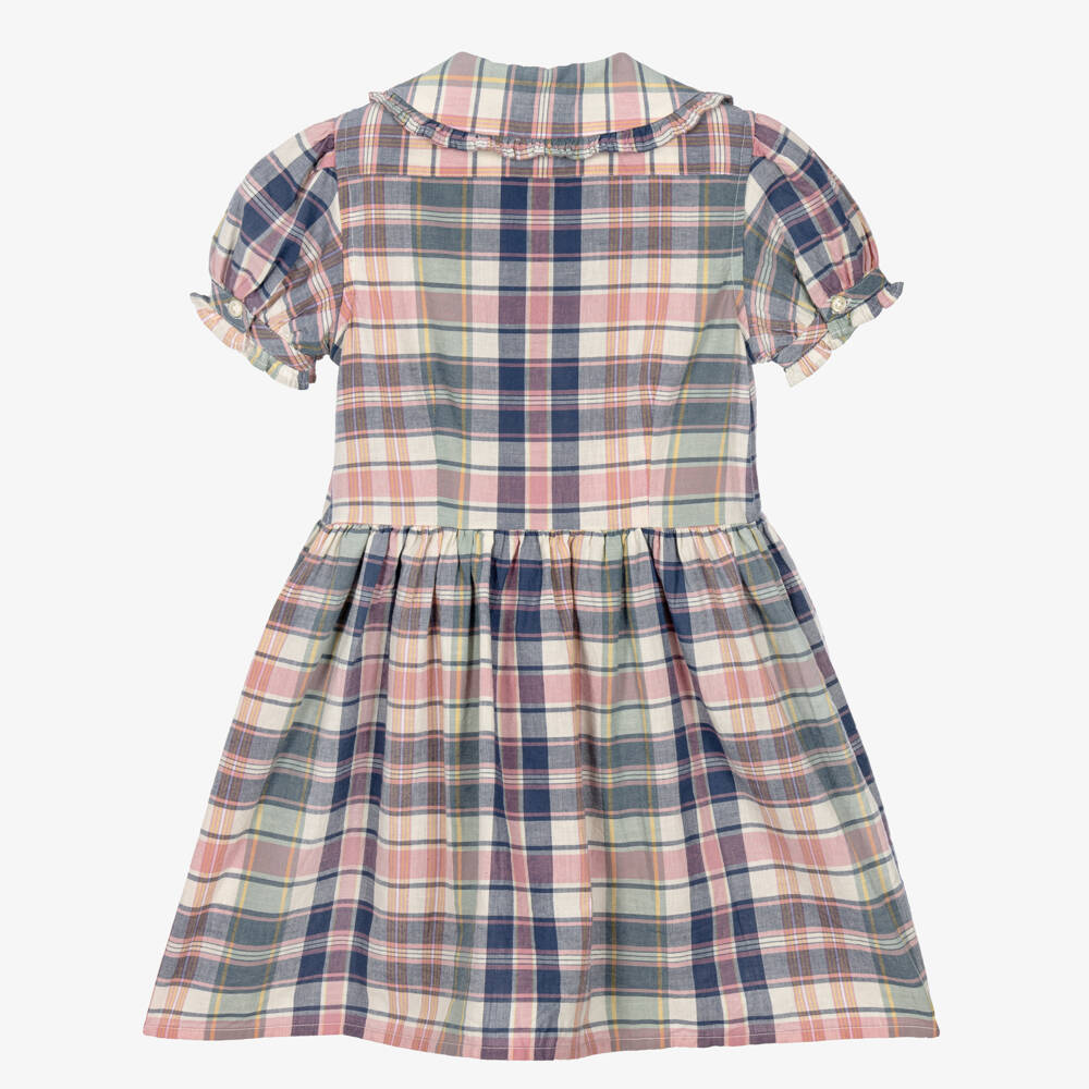 Ralph Lauren-Girls Blue & Pink Check Cotton Dress | Childrensalon