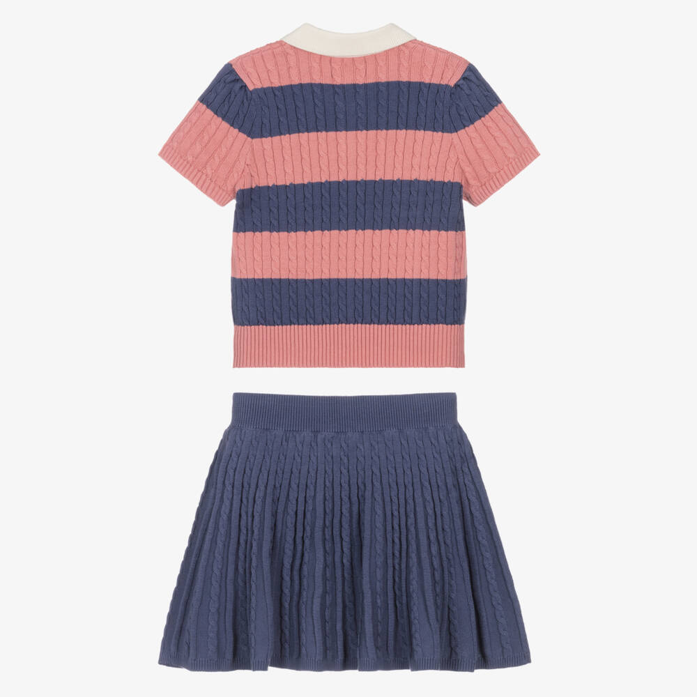 Ralph Lauren-Girls Blue & Pink Striped Cotton Knit Skirt Set | Childrensalon