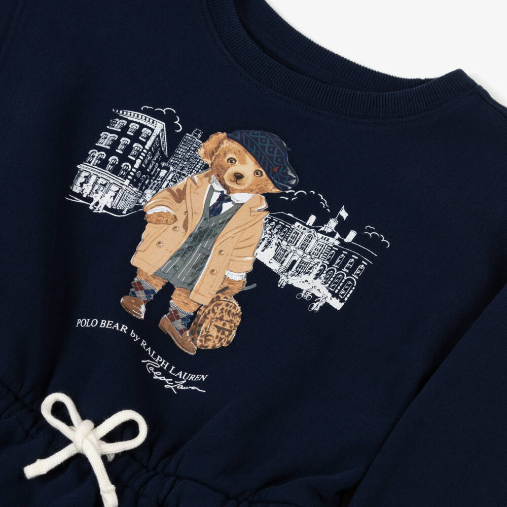 Ralph Lauren-Платье-свитшот синее с мишкой Поло и поясом на шнурке для девочек | Childrensalon
