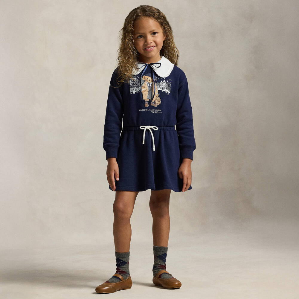 Ralph Lauren-Платье-свитшот синее с мишкой Поло и поясом на шнурке для девочек | Childrensalon