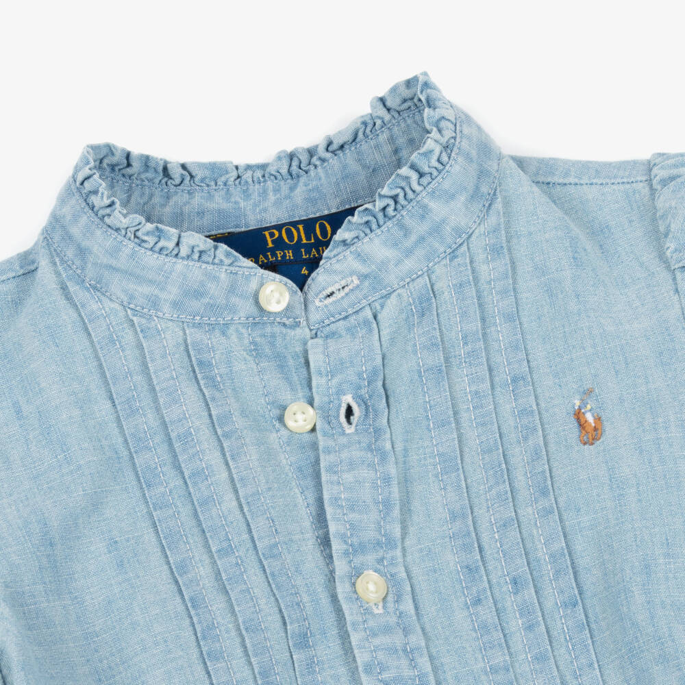 Ralph Lauren-Girls Blue Ruffle Collar Cotton Chambray Dress | Childrensalon