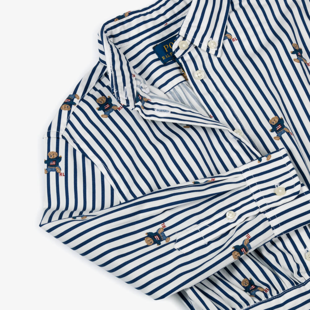Ralph Lauren-Girls Blue Stripe Cotton Shirt Dress with Polo Bear Print | Childrensalon