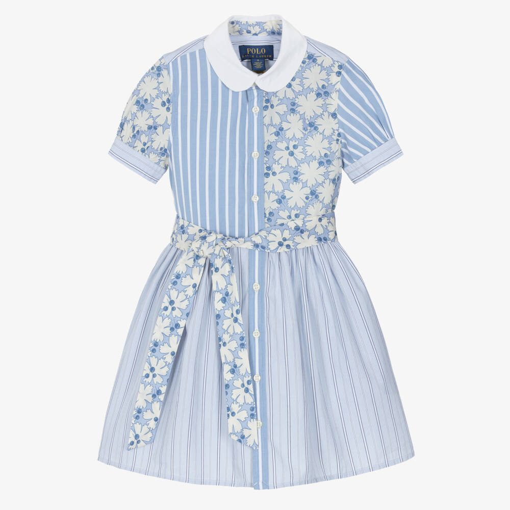 Ralph Lauren-Girls Blue Stripe & Floral Cotton Shirt Dress | Childrensalon