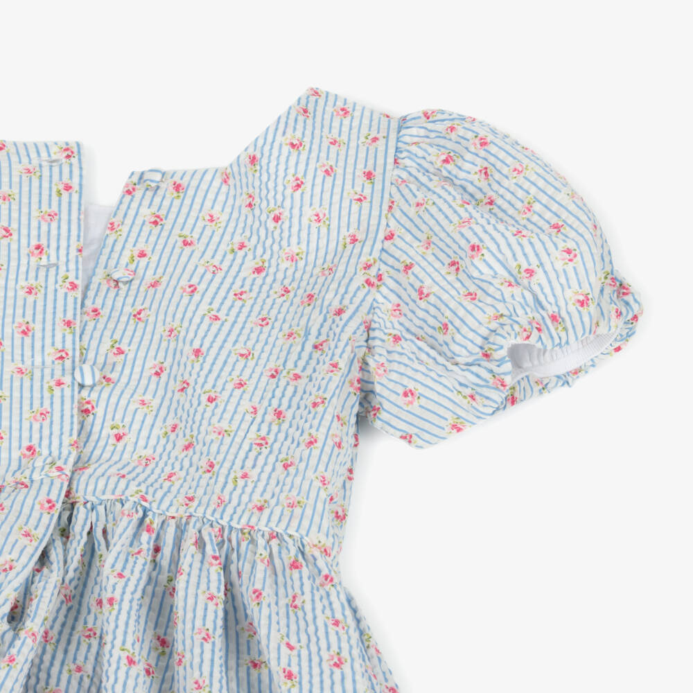 Ralph Lauren-Girls Blue Stripe Floral Seersucker Dress | Childrensalon