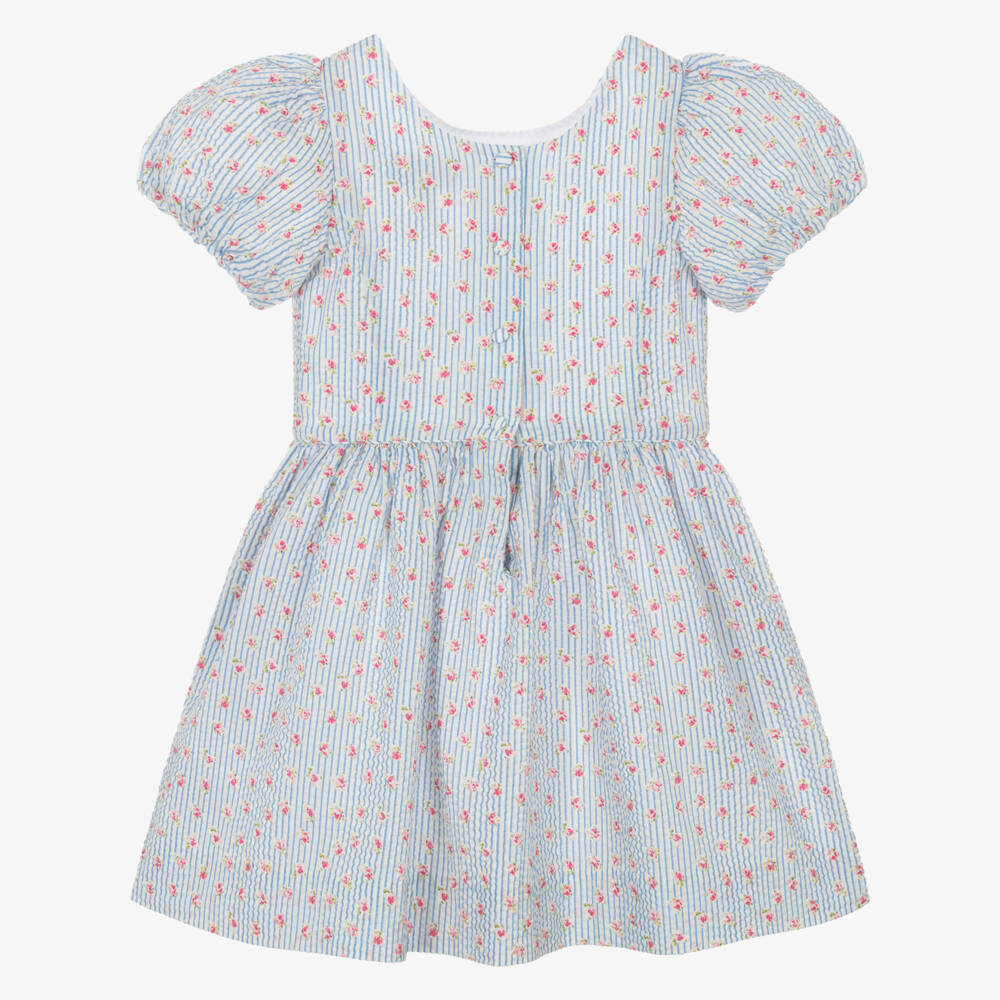 Ralph Lauren-Girls Blue Stripe Floral Seersucker Dress | Childrensalon