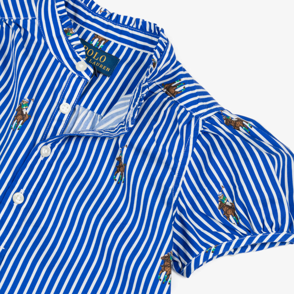 Ralph Lauren-Girls Blue Striped Cotton Polo Bear Print Dress | Childrensalon