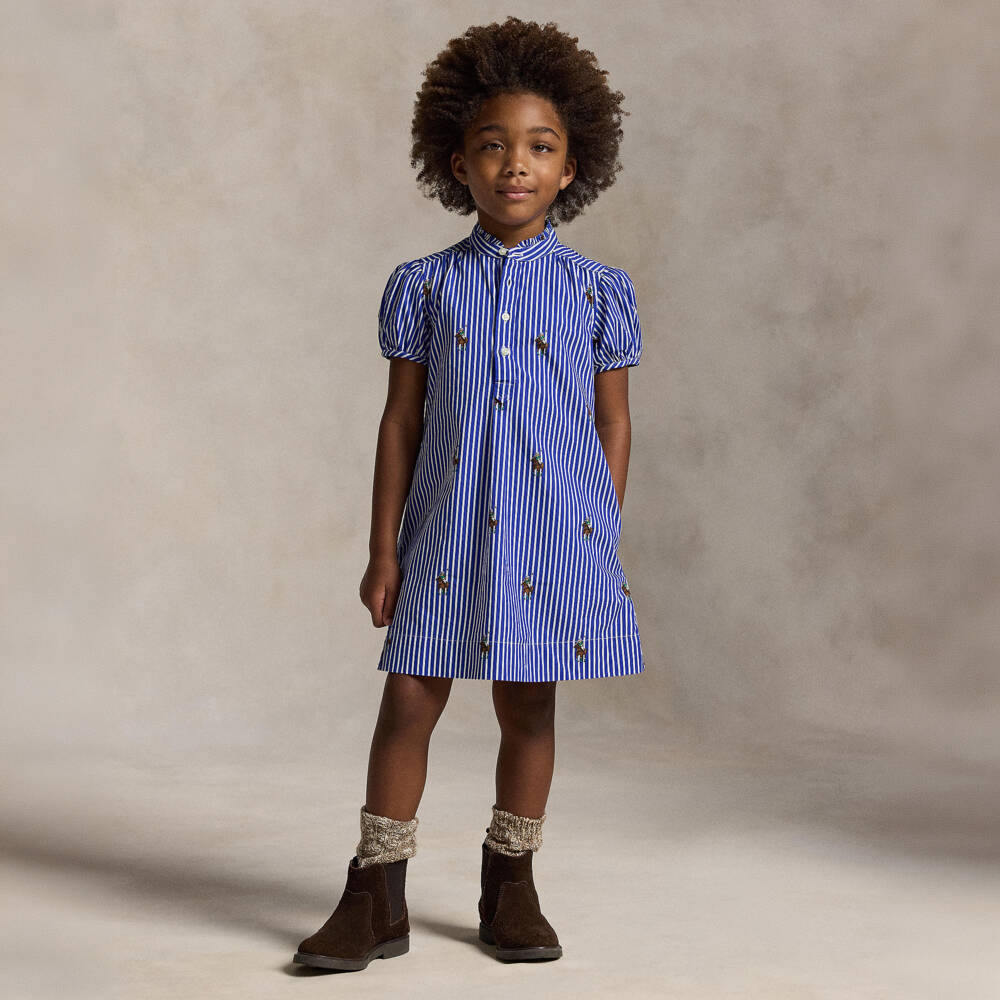 Ralph Lauren-Girls Blue Striped Cotton Polo Bear Print Dress | Childrensalon