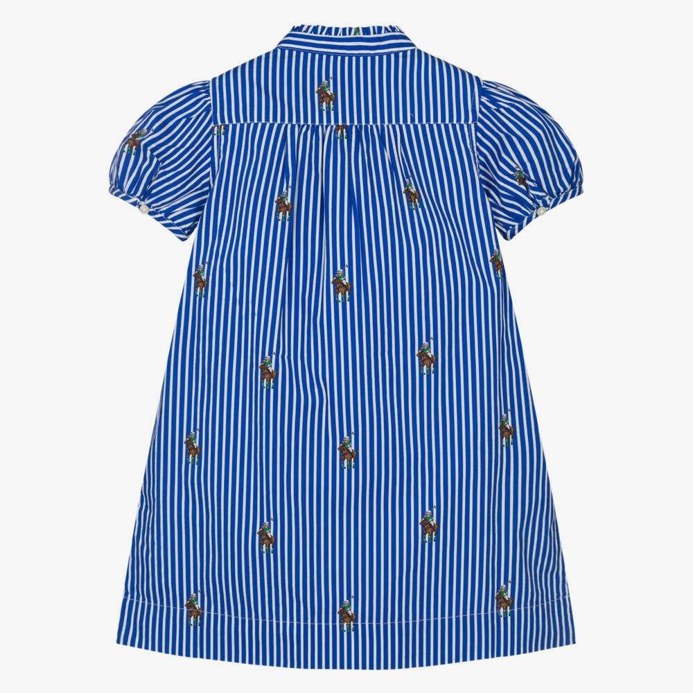 Ralph Lauren-Girls Blue Striped Cotton Polo Bear Print Dress | Childrensalon