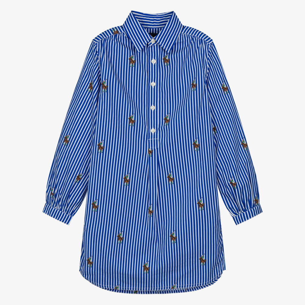 Ralph Lauren-Girls Blue Striped Cotton Poplin Polo Bear Shirt Dress | Childrensalon