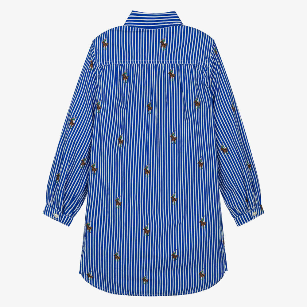 Ralph Lauren-Girls Blue Striped Cotton Poplin Polo Bear Shirt Dress | Childrensalon
