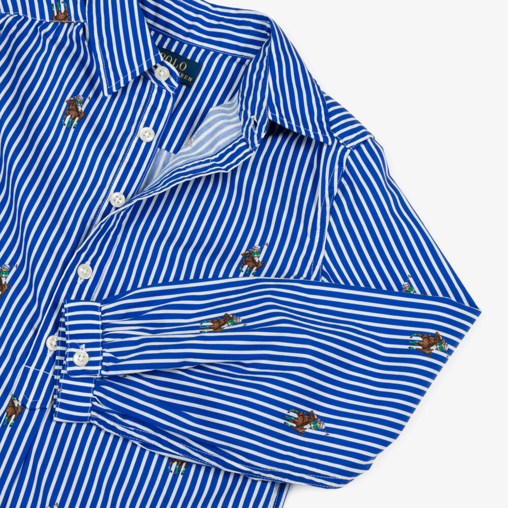 Ralph Lauren-Girls Blue Striped Cotton Poplin Polo Bear Shirt Dress | Childrensalon
