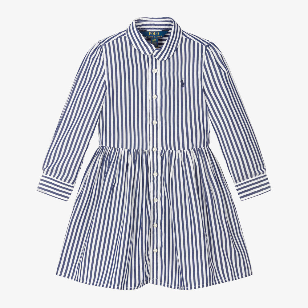 Ralph Lauren-Girls Blue Striped Cotton Shirt Dress | Childrensalon