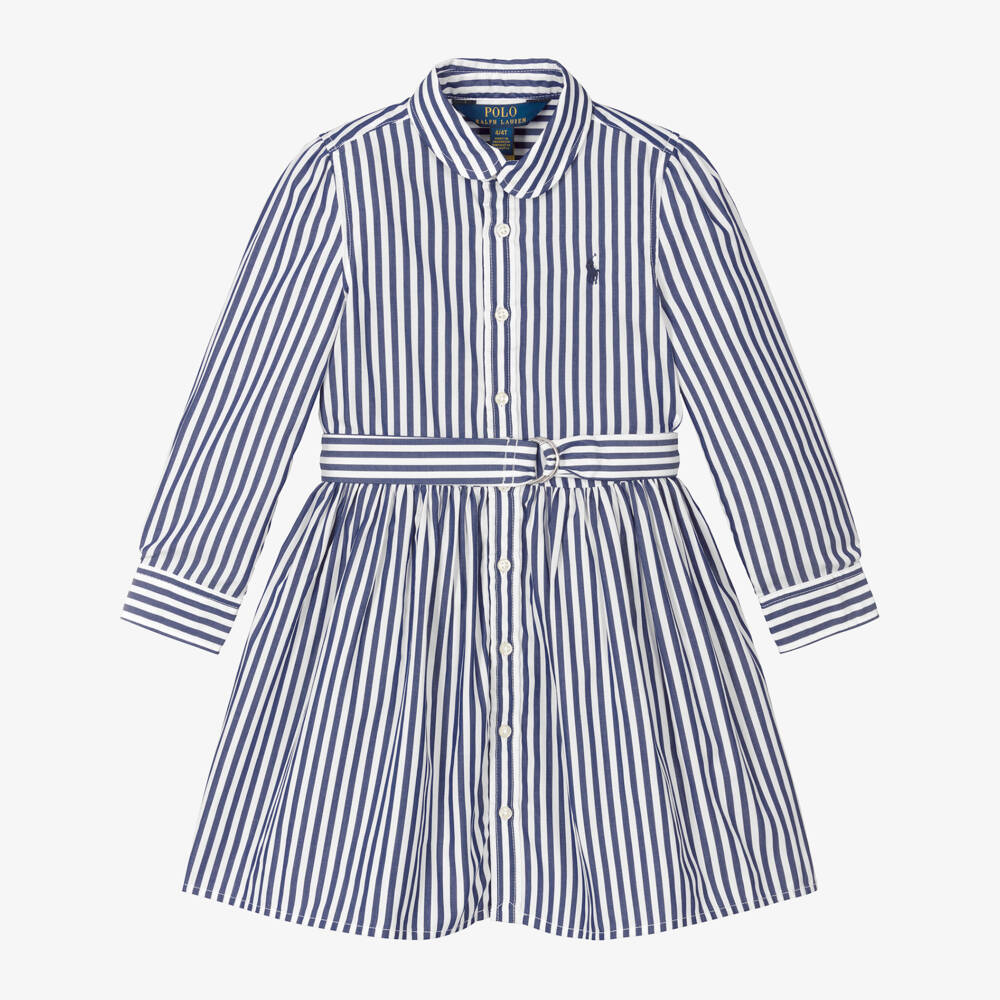 Ralph Lauren-Girls Blue Striped Cotton Shirt Dress | Childrensalon