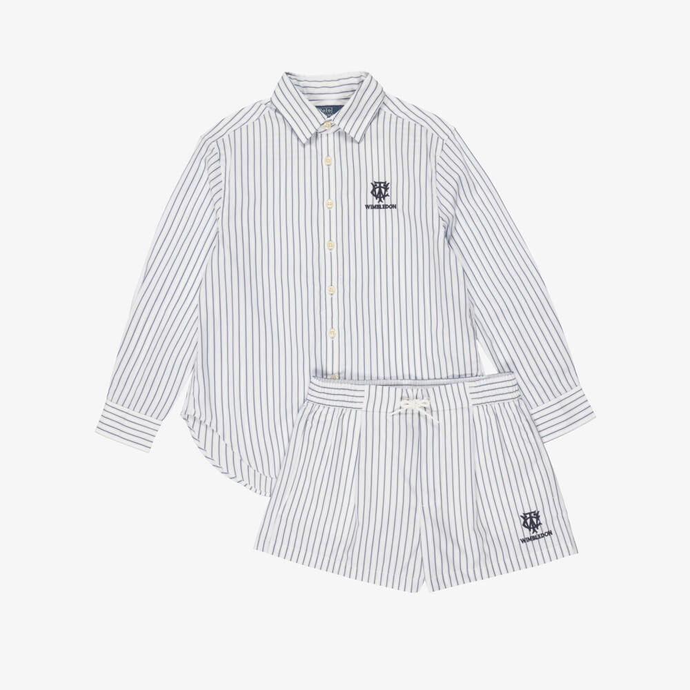 Ralph Lauren-Girls Blue & White Striped Wimbledon Collection Shorts Set | Childrensalon