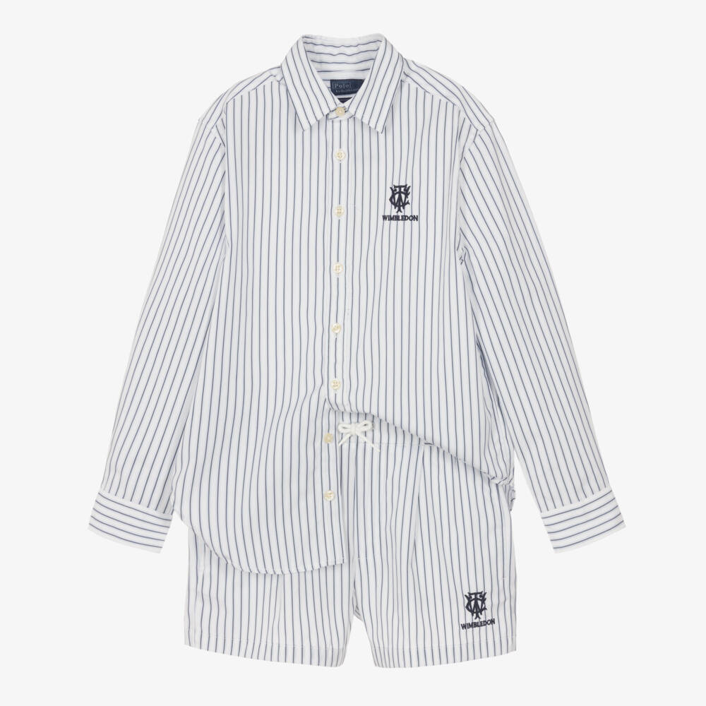 Ralph Lauren-طقم شورت مقلم لون أبيض وأزرق للبنات | Childrensalon