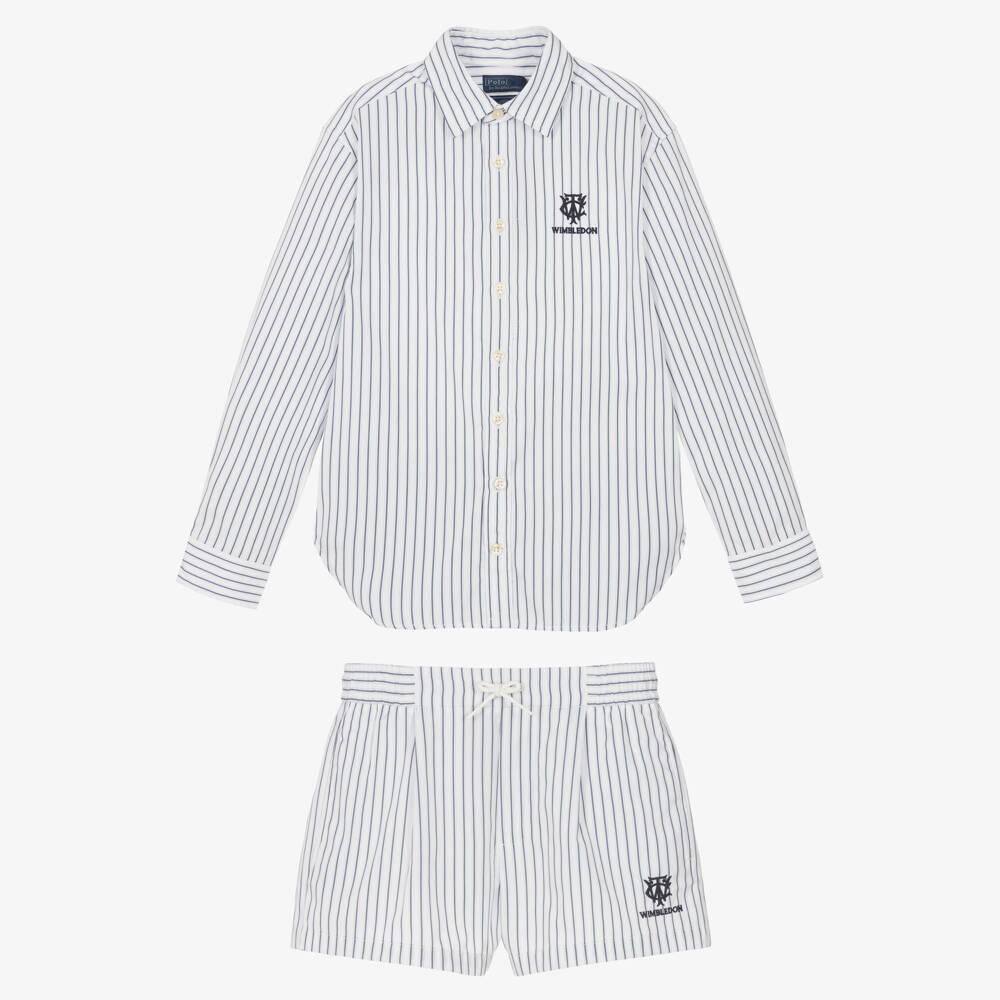Ralph Lauren-Girls Blue & White Striped Wimbledon Collection Shorts Set | Childrensalon