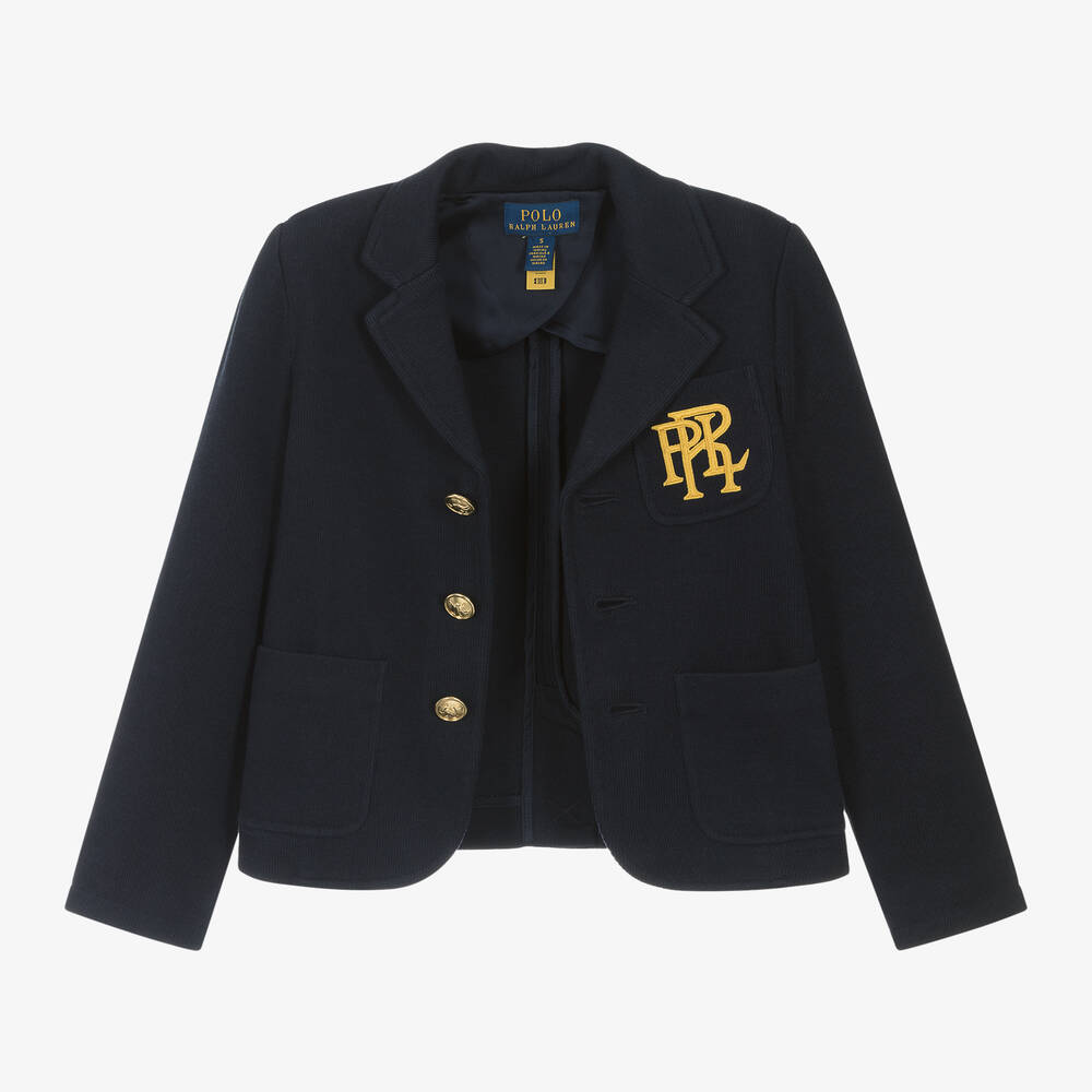 Ralph Lauren-Girls Blue Wool Monogram Knitted Blazer | Childrensalon