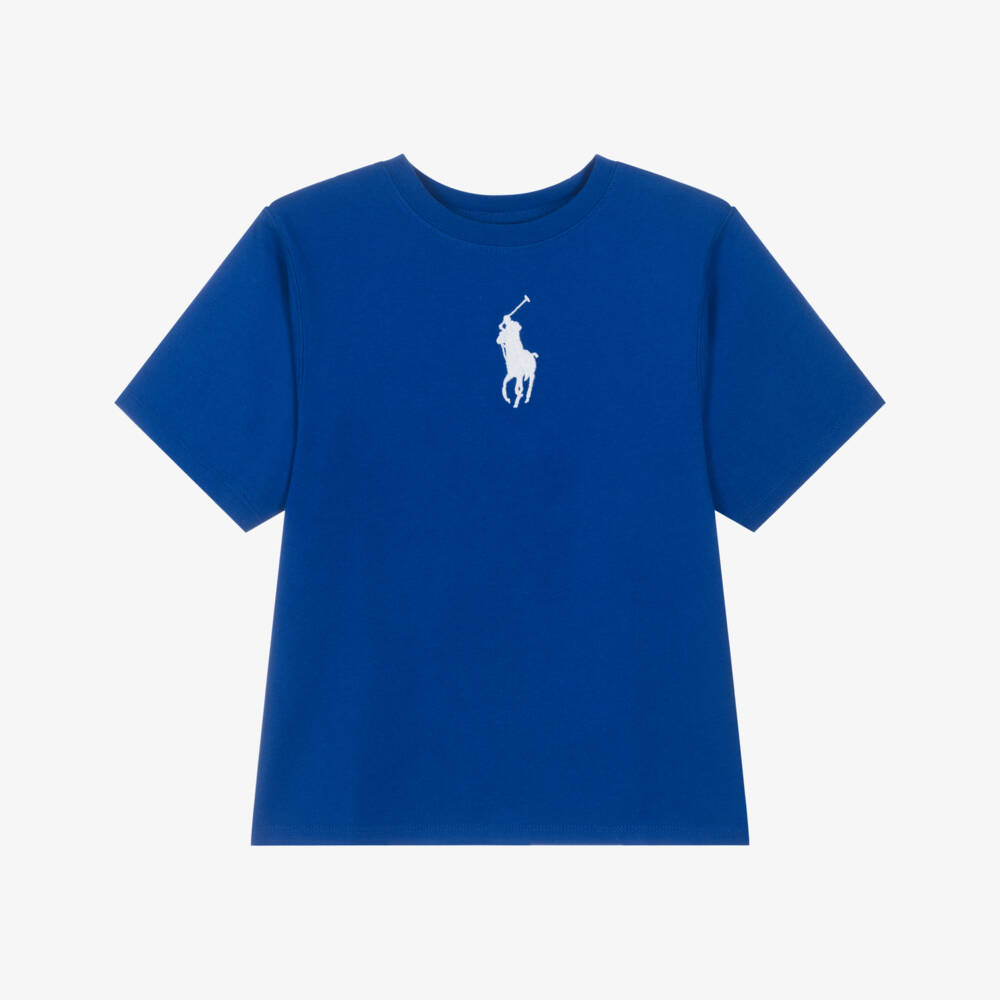 Ralph Lauren-Girls Bright Blue Cotton T-Shirt with Big Pony Logo | Childrensalon