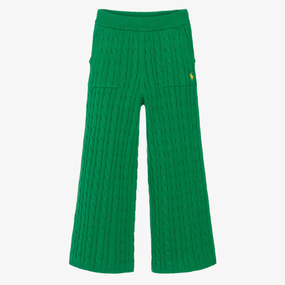 Ralph Lauren-Girls Bright Green Cable Knit Wide Leg Trousers | Childrensalon