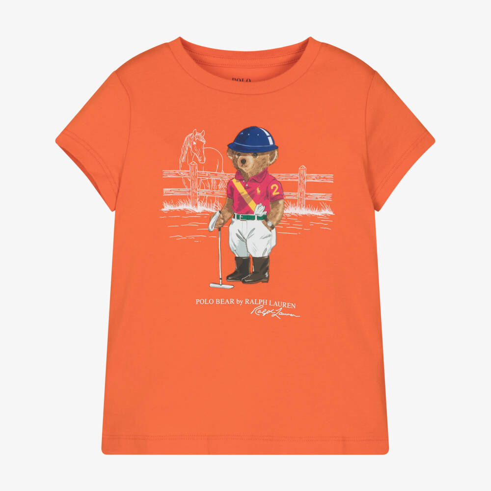 Ralph Lauren-Girls Bright Orange Cotton T-Shirt with Polo Bear Print | Childrensalon