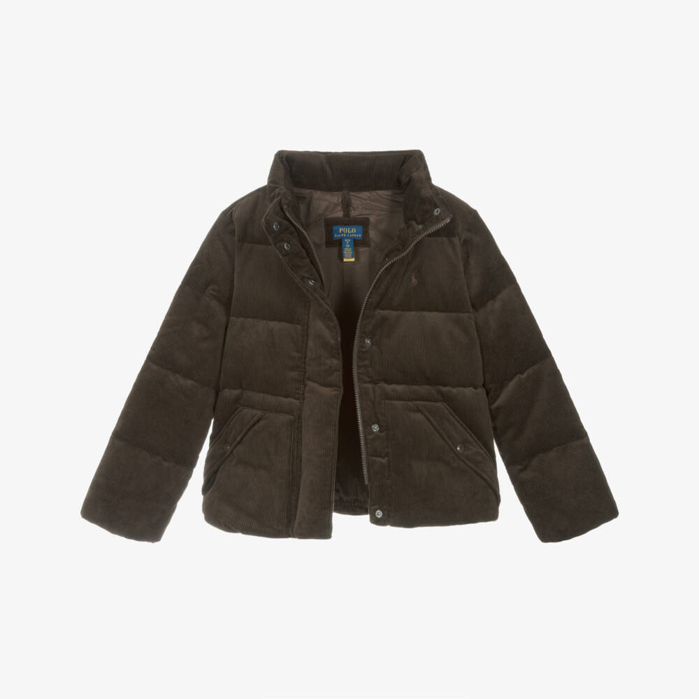 Ralph Lauren-Girls Brown Corduroy Down Puffer Jacket | Childrensalon