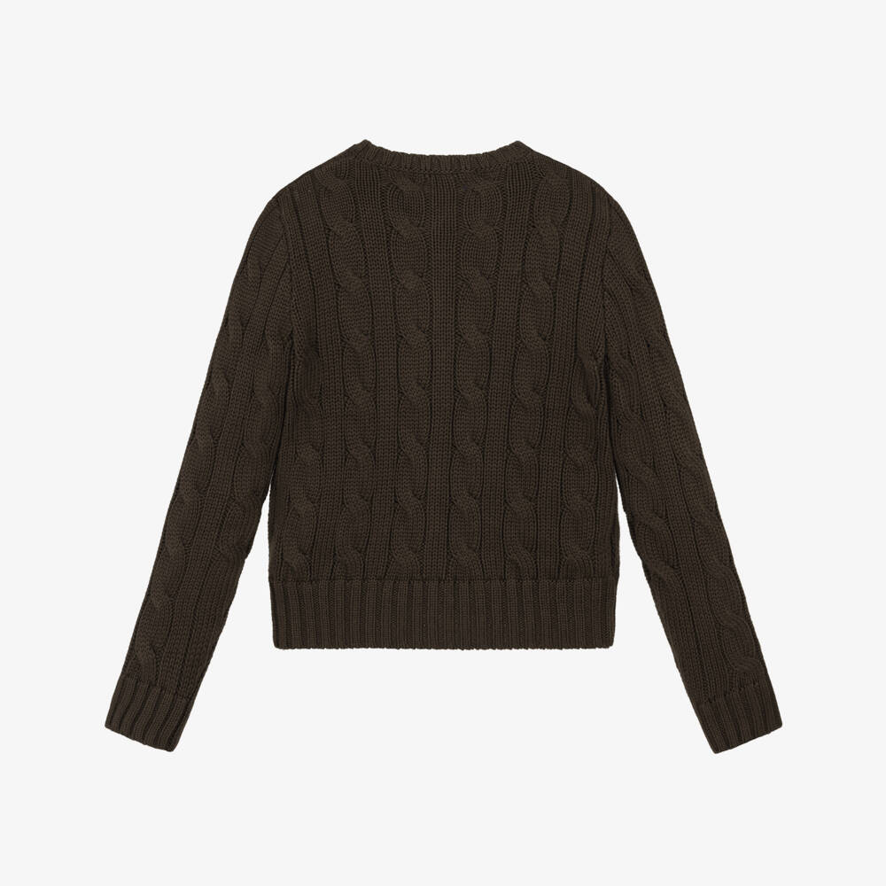 Ralph Lauren-Girls Brown Cotton Cable-Knit Cardigan | Childrensalon