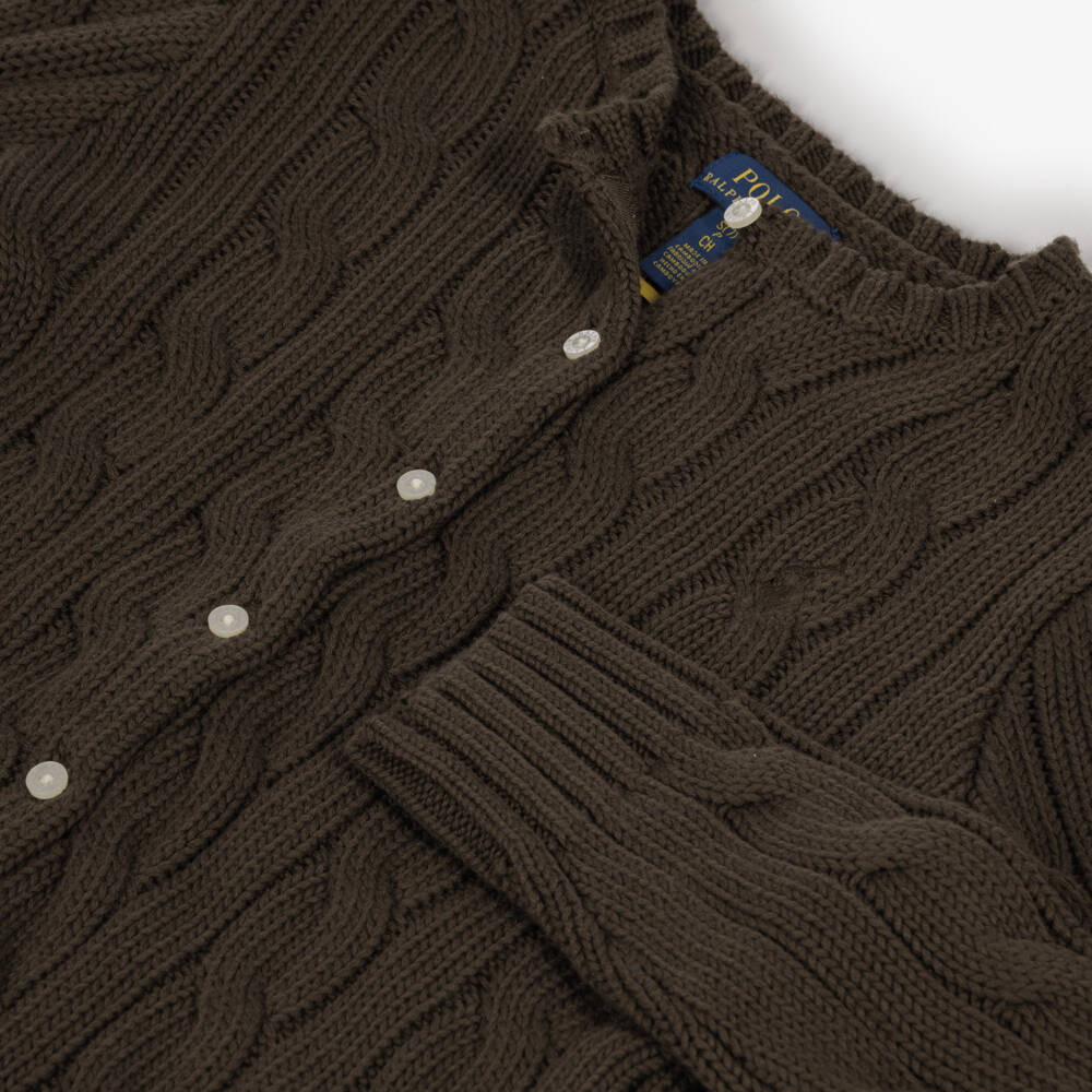 Ralph Lauren-Girls Brown Cotton Cable-Knit Cardigan | Childrensalon