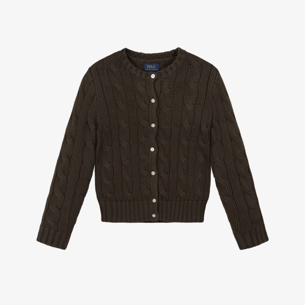 Ralph Lauren-Girls Brown Cotton Cable-Knit Cardigan | Childrensalon