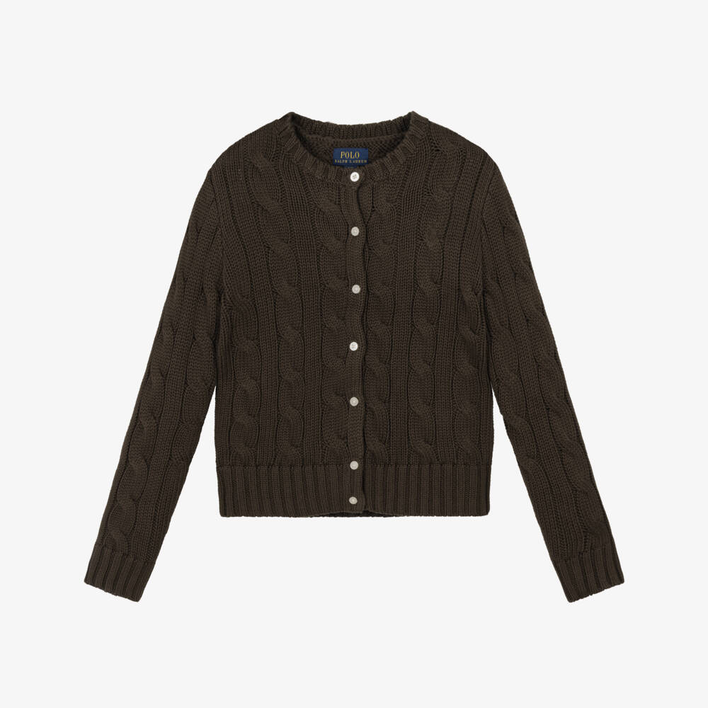Ralph Lauren-Girls Brown Cotton Cable-Knit Cardigan | Childrensalon